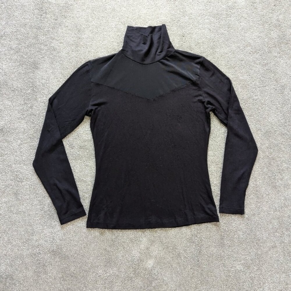 Cool and Sexy illusion mesh sheer neckline black long sleeve tee women's Large